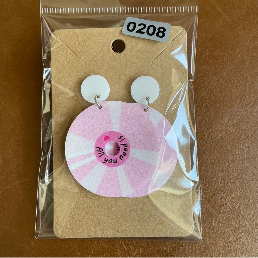 Record Album Music Rock DJ “All You Need is ❤️” Pink Earrings - Picture 1 of 1